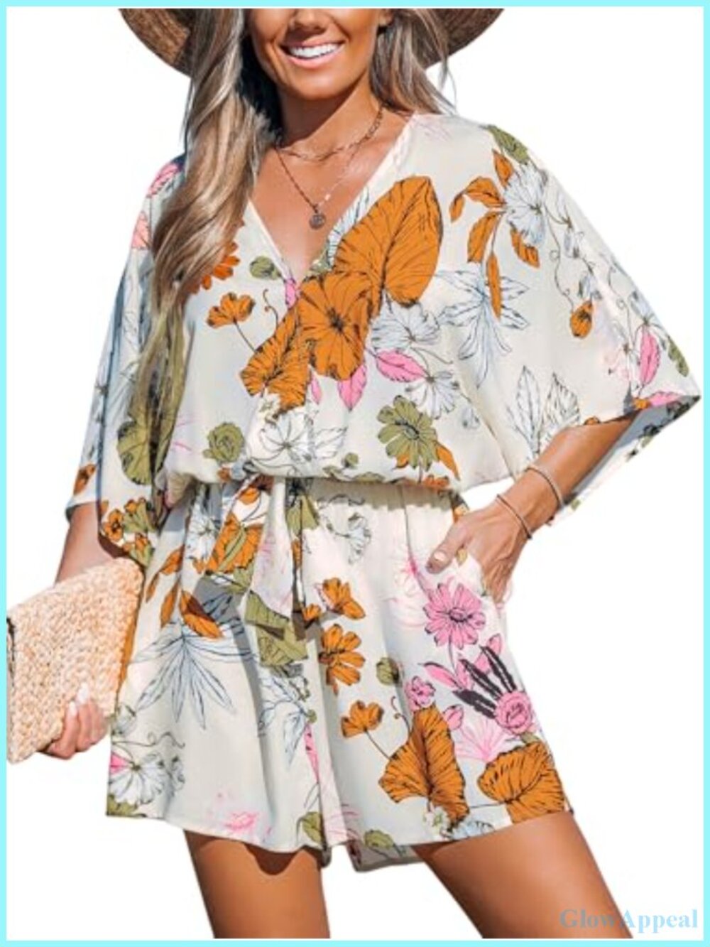 Floral Half Sleeve Wide Leg Romper Belted Pockets Loose Fit Rayon